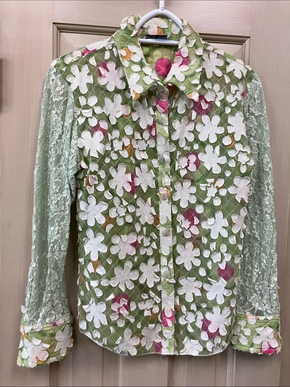 Marc Baxis Floral Lace-Trim Button-Down Top - Mint Green